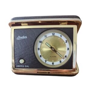 Linden Vtg Travel Alarm Clock Brown Gold Folding Case Lighted Dial Japan Retro